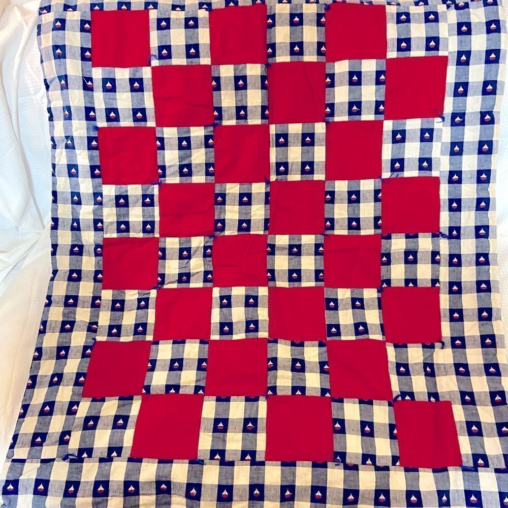 Handmade Sailboat Blue Red Check Baby Quilt 31” X 36”.